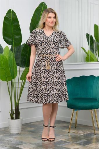 Dip Moda Kadın Yeni sezon Hasır Kemerli Çiçekli Yazlık Örme Elbise DP60203