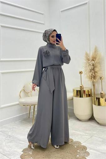 Dip Moda kadın gri kuşaklı gül detaylı salaş tulum NMS003