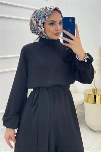 Dip Moda kadın krep kuşaklı gül detaylı salaş tulum NMS003
