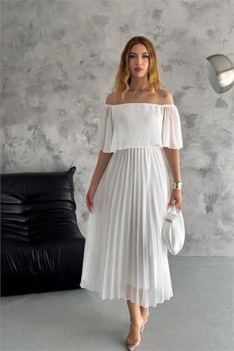 Dip Moda kadın madonna yaka piliseli şifon elbise DPK2099