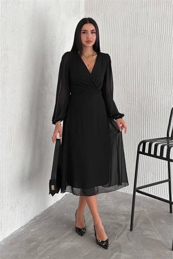 Dip Moda kadın siyah astarlı şifon elbise DPK30281