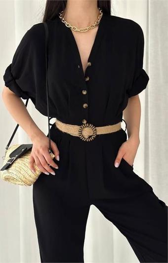 Dip Moda kadın düğmeli hasır kemerli ayrobin tulum DPTG2000