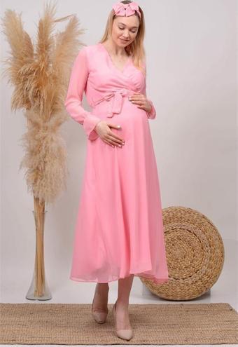 Dipmoda kadın pudra kruvaze yaka baby shower şifon hamile elbise HML003