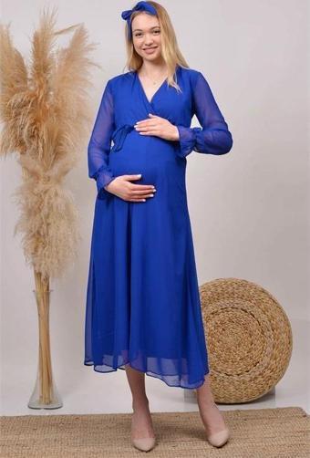 Dipmoda kadın saks mavisi baby shower şifon hamile elbise HML003