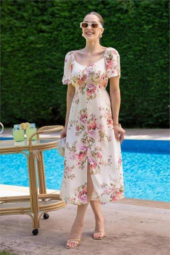 Dip Moda kadın düğme dataylı çiçekli viskon elbise DPMY3529
