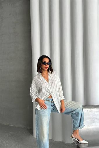 Dipmoda kadın çizgili oversize likralı gömlek DPG075