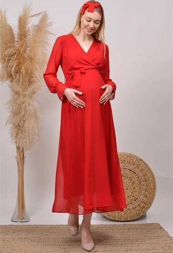 Dipmoda kadın kırmızı baby shower şifon hamile elbise HML003
