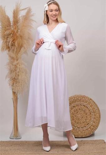 Dip Moda kadın beyaz kruvaze yaka baby shower şifon hamile elbise HML003