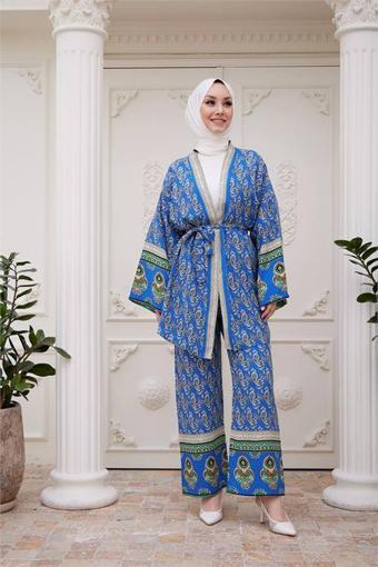 Dip Moda kadın ithal kumaş tesettür kimono takım SMS020 - Mavi