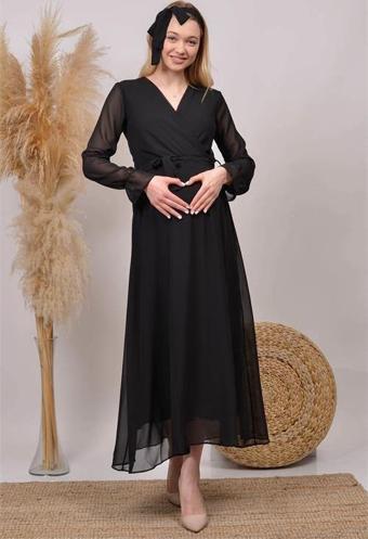 Dipmoda kadın siyah kruvaze yaka baby shower şifon hamile elbise HML003