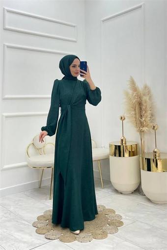 Dip Moda kadın bağlama detaylı jakarlı tesettür elbise NMS044
