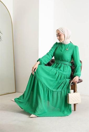 Dip Moda kadın kemerli ponpon şifon tesettür elbise SMS022