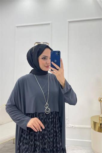 Dipmoda kadın sandy kumaş pelerinli tesettür elbise SMS032 - Gri