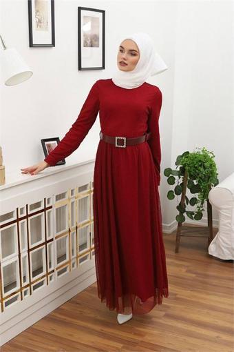 Dipmoda kadın tül kemerli tesettür elbise RSSN45 - Bordo