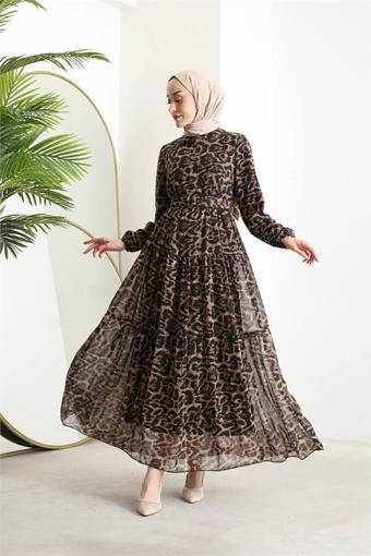 Dip Moda kadın kemerli leopar desenli tesettür şifon elbise SMS014