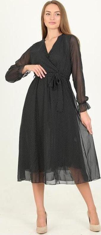 Dip Moda kadın siyah puantiyeli kruvaze yaka şifon elbise RSSN12