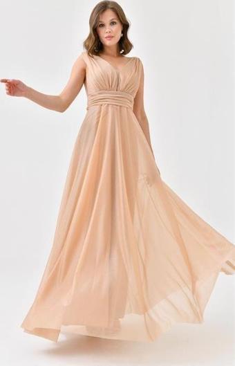 Dip Moda kadın gold v yaka simli tül abiye elbise DPS9223