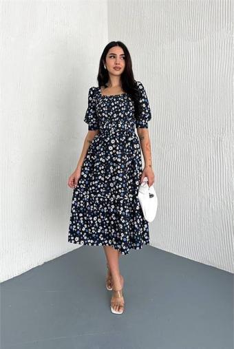 Dip Moda kadın kemerli çiçek desenli yazlık elbise DPK4104