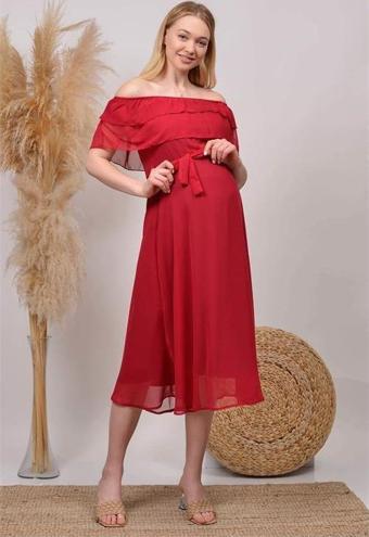 Dip Moda kadın mürdüm madonna yaka şifon hamile elbisesi HML8060