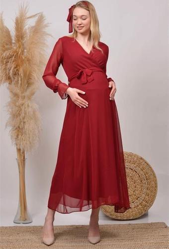 Dip Moda kadın yeni sezon kruvaze yaka şifon hamile elbise HML003
