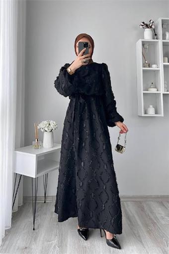 Dip Moda kadın siyah desenli simli tesettür elbise NMS054