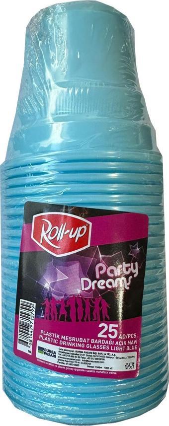 Roll-Up Party Dreams Parti Davet Piknik Renkli Plastik Sert Mika Bardak - Turkuaz - 25'li Paket 