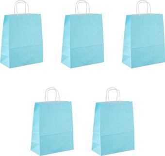 Büküm Saplı Kraft Kağıt Çanta Karton Hediyelik Poşet Torba - Açık Mavi -18x24 Cm. - 5 Adetlik Paket