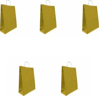 Büküm Saplı Kraft Kağıt Çanta Karton Hediyelik Poşet Torba - Altın Sarı-18x24 Cm. - 10 Adetlik Paket