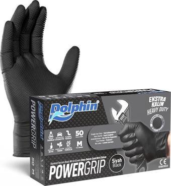 Dolphin Nitril PowerGrip Ekstra Kalın Elmas Dokulu Eldiven Siyah Meidum Orta Boy - 50'li Paket