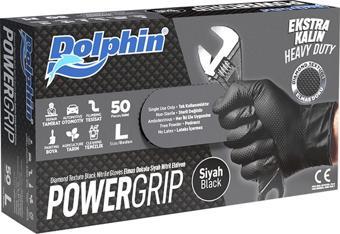 Dolphin Nitril PowerGrip Ekstra Kalın Elmas Dokulu Eldiven Siyah Large Büyük Boy - 50'li Paket