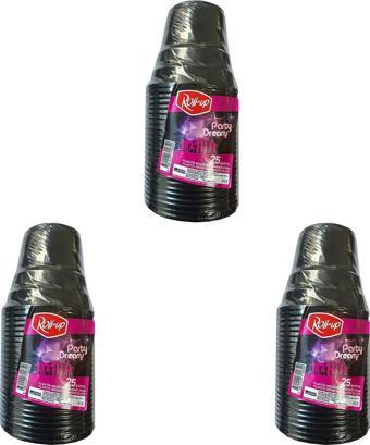 Roll-Up Party Dreams Parti Davet Piknik Renkli Plastik Sert Mika Bardak - Siyah - 25'li 3 Paket 