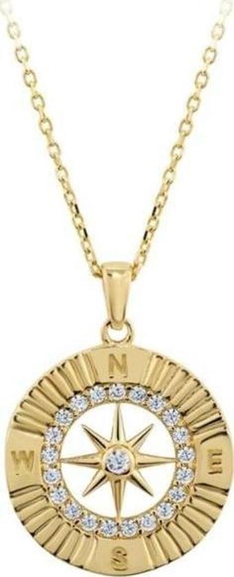 Pusula Figürlü Taşlı Altın Kolye - 14k - 2.38gr