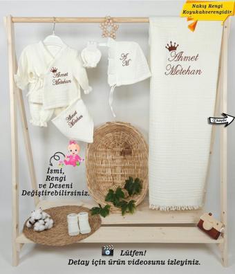 4Katlı Müslin Kumaş 7 Parça Alt-Üst Set  %100Pamuk Hastane Çıkışı (Kişiye Özgü İsimli Nakış Desenli)