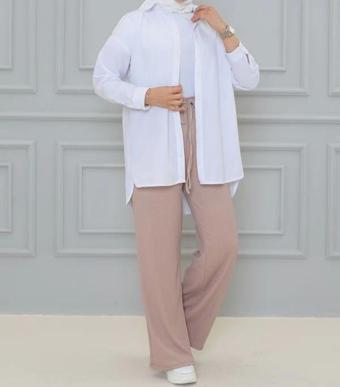 Krem renk Beli Lastikli Bürümcük Kumaş geniş paça Pantolon
