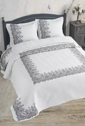 Örtüm Çift Kişilik Microfiber Kapitone Yatak Örtüsü Dantel Gri