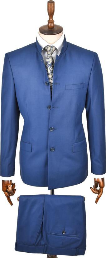 DeepSEA Erkek Lacivert Hakim Yaka Tek Yırtmaç Slim Fit 2 Li Takım Elbise 2302013