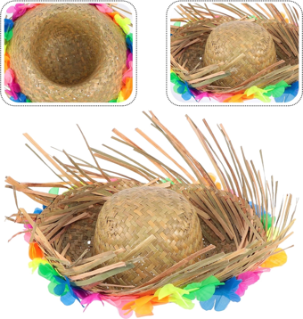 Naturel Renk Püsküllü Örme Hasır Hawaii Luau Aloha Şapka 13x36 Cm