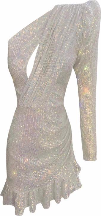 Gira Official Beyaz Hologram Payetli Elbise Tek Omuz