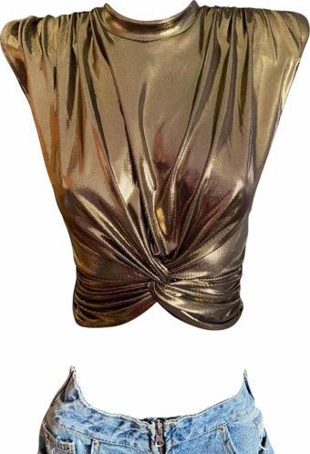 Gira Official Vatkalı Düğümlü Crop Top Gold