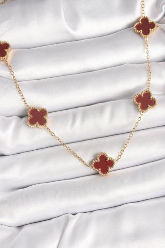 Gold Renk Zincir Bordo Yonca Model Kadın Kolye - EBJ250412W32549