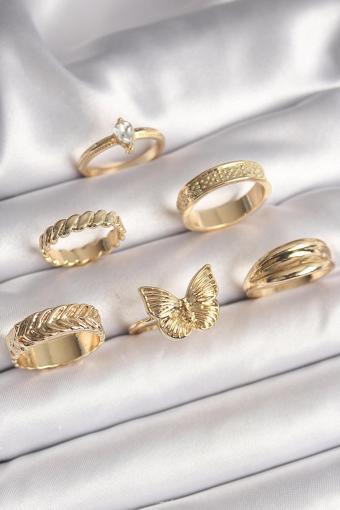 Pirinç Gold Renk Zirkon Taşlı İşleme Detaylı Kelebek Figürlü 6'Lı Kadın Yüzük Seti - EBJ250301W31439