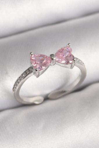 Pirinç Gümüş Renk Pembe Zirkon Taşlı Kalp Fiyonk Model Kadın Yüzük - EBJ250301W31455