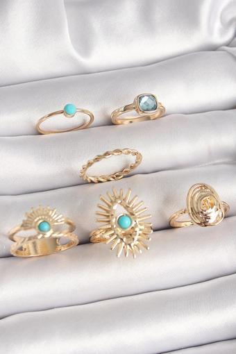 Pirinç Gold Renk Mavi Taşlı Göz Model Kare Zirkon Taşlı Kadın Yüzük Seti - EBJ250412W32493