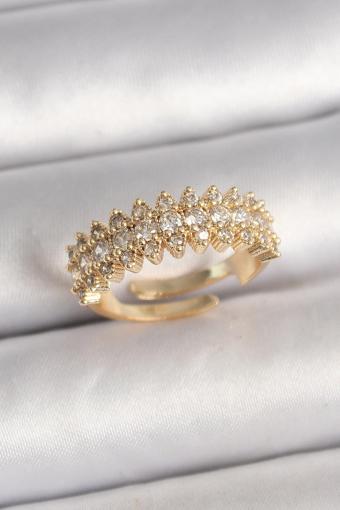 Pirinç Gold Renk Zirkon Taşlı Ayarlanabilir Model Kadın Yüzük - EBJ250412W32512
