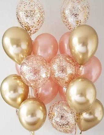 Krom gold 6 adet rose gold Metalik 6 adet gold  konfetili şeffaf balon 6 adet balon set