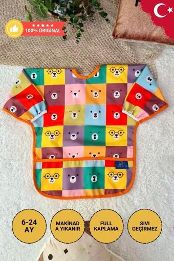 Babydonat Kare Ayılar Desenli Sıvı Geçirmez Unisex Aktivite Ve Mama Önlüğü 6-24 Ay