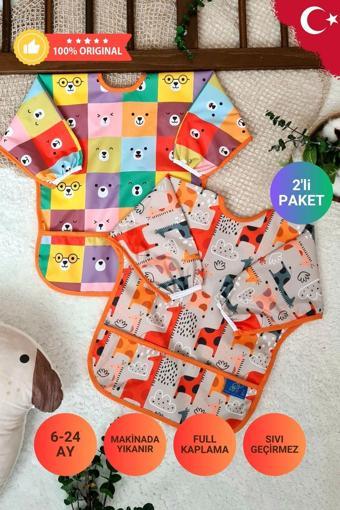 Anp Moda Tasarım Graffe Ve Kare Ayılar Desenli 2'Li Paket Sıvı Geçirmez Unisex Aktivite Ve Mama Önlüğü 6-24 Ay