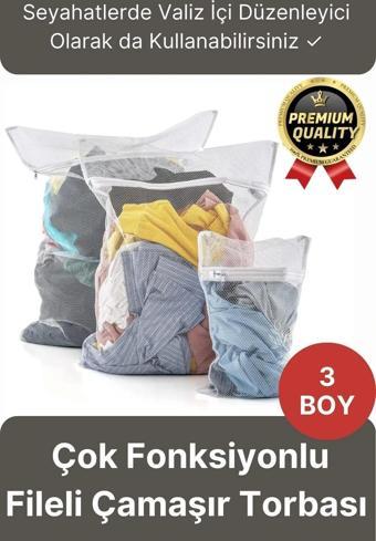 Çok Fonksiyonlu Dayanıklı Yıkama Renkli Fermuarlı Kirli Temiz Sepeti Fileli Çamaşır Torbası 3 Adet