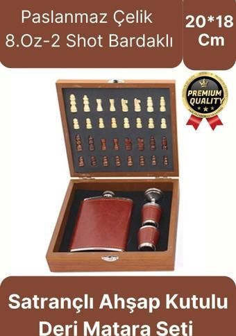 Deluxe Paslanmaz Çelik 8.Oz 2 Shot Bardaklı Satrançlı Ahşap Kutulu Alkol Deri Matara Seti 20*18 Cm