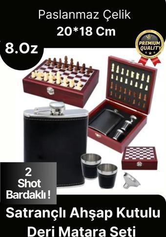 Deluxe Paslanmaz Çelik 8.Oz 2 Shot Bardaklı Satrançlı Ahşap Kutulu Alkol Deri Matara Seti 20*18 Cm